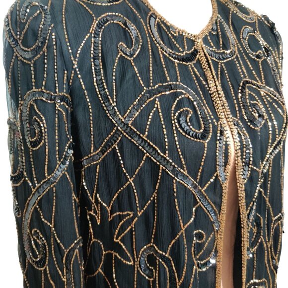 Vintage JMC Womens Petite Evening Jacket Beaded Cocktail Silk Black Gold Sz PL L - Picture 2 of 11